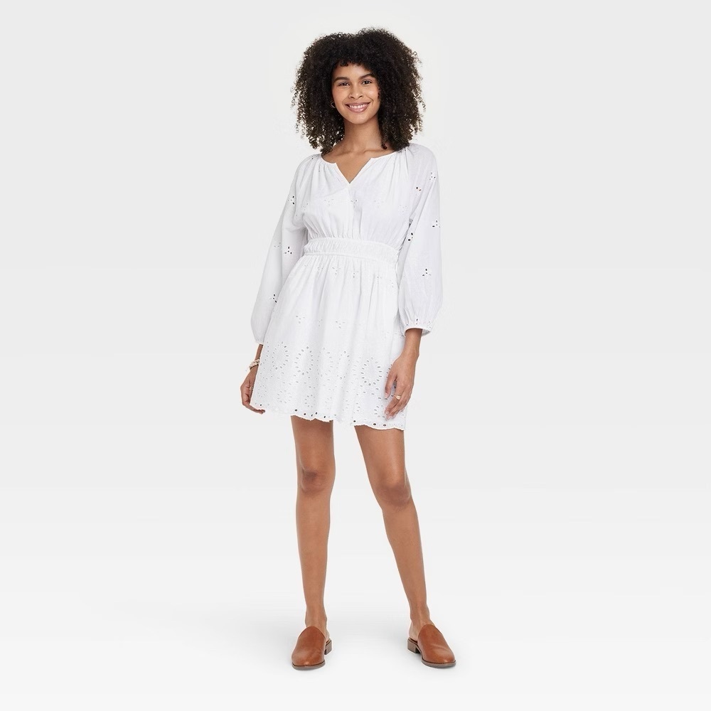 Women's Puff 3/4 Sleeve Eyelet Dress - Universal Thread White